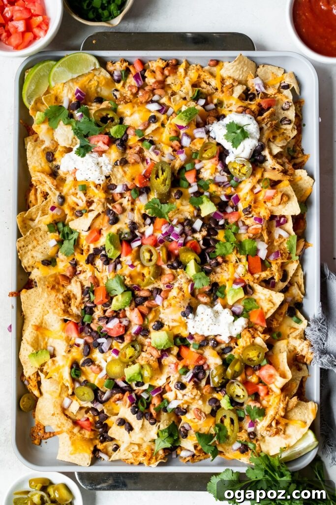 15 Easy Game Day Nachos Crowd Favorites 3 Loaded chicken nachos on a sheet pan, ready to serve for a game day party.