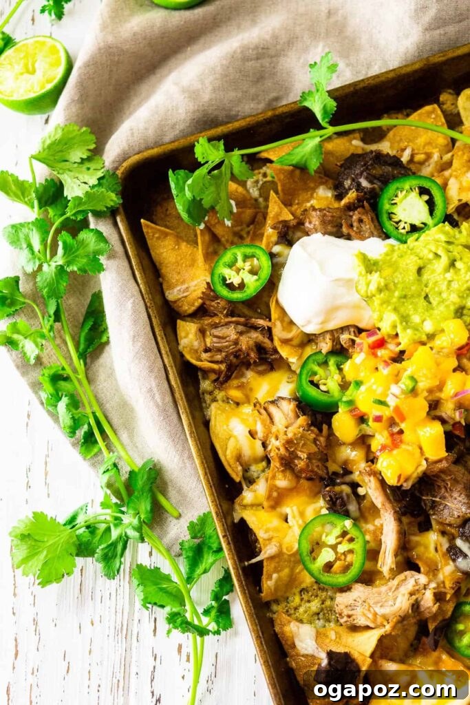 15 Easy Game Day Nachos Crowd Favorites 5 Half side view of delicious Sheet Pan Jerk Pork Nachos with melted cheese and colourful toppings
