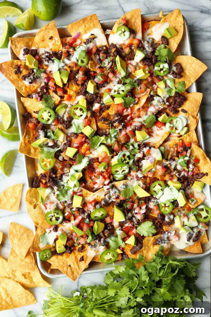 15 Easy Game Day Nachos Crowd Favorites 10 Loaded carne asada nachos in a sheet pan, garnished with fresh ingredients.
