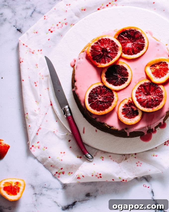 Almost-Famous Blood Orange Cake 3 Close-up of baked blood orange cake, showing its golden-brown crust and moist texture.