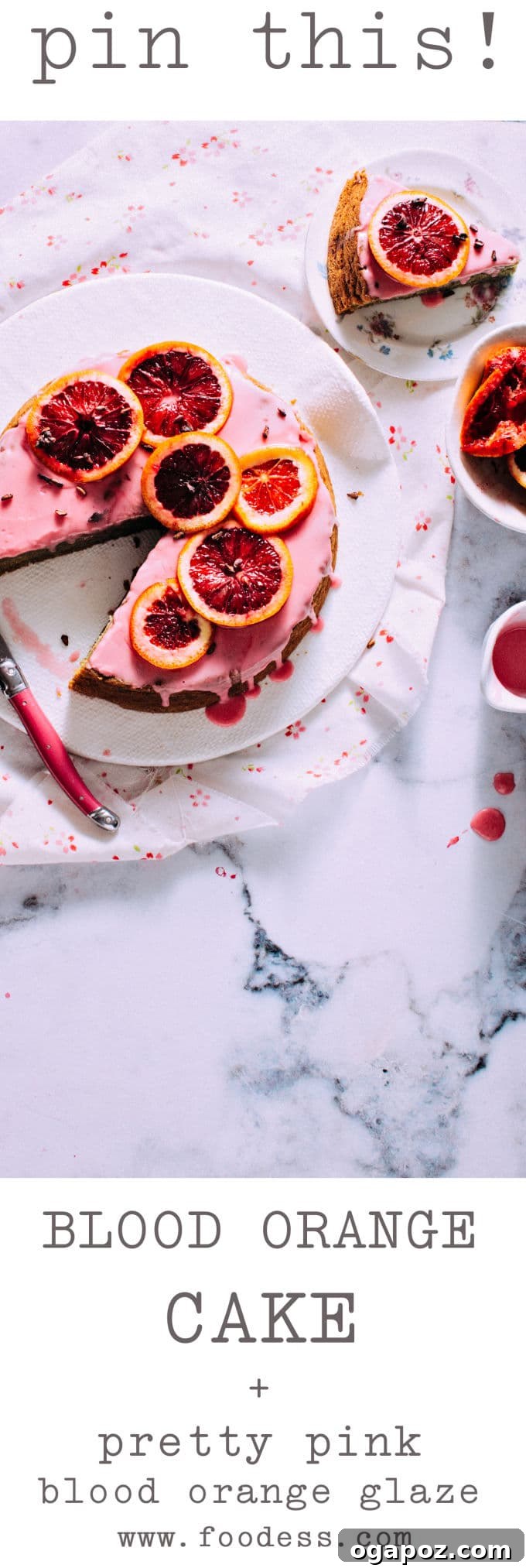 Almost-Famous Blood Orange Cake 6 A top-down view of the blood orange cake, beautifully glazed and garnished with fresh blood orange slices, ready to be served.