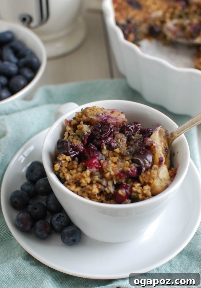 Baked Blueberry Banana Steel Cut Oat Bake 3 Close-up shot of Baked Blueberry Banana Steel Cut Oatmeal, highlighting its appealing texture and rich color, promising a satisfying bite.