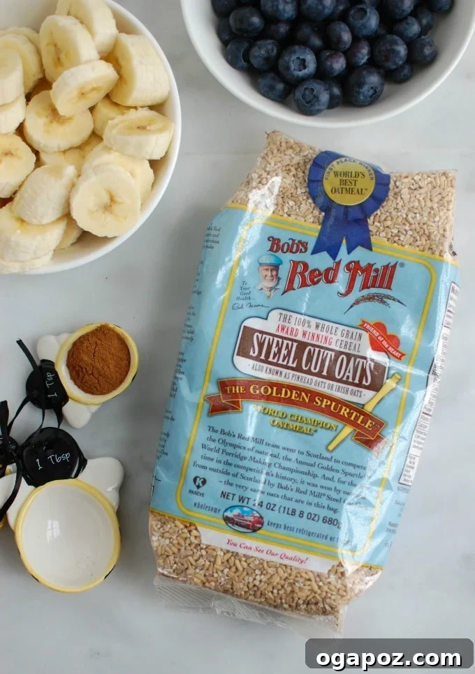 Baked Blueberry Banana Steel Cut Oat Bake 4 A flat lay photograph showcasing the key ingredients for Baked Blueberry Banana Steel Cut Oatmeal: fresh blueberries, ripe bananas, steel cut oats, and cinnamon.
