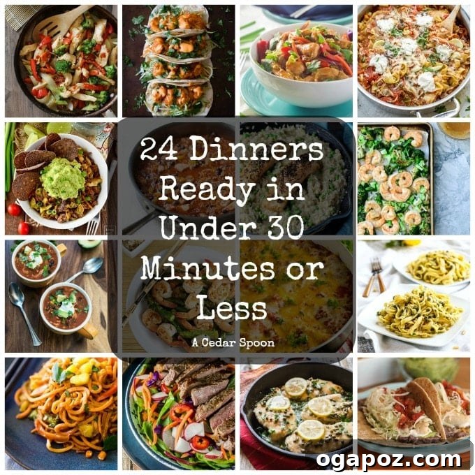 Dinner in 30: 24 Quick and Easy Meals 2 A vibrant spread of various quick dinner dishes, illustrating the variety of 30-minute meal options