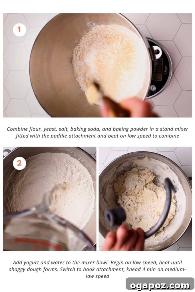 Stuffed Potato Naan 5 Mixture of flour, yeast, salt, baking soda, and baking powder is combined with yogurt and water using a stand mixer. Knead on medium-low speed for 4 minutes until a shaggy dough is formed.