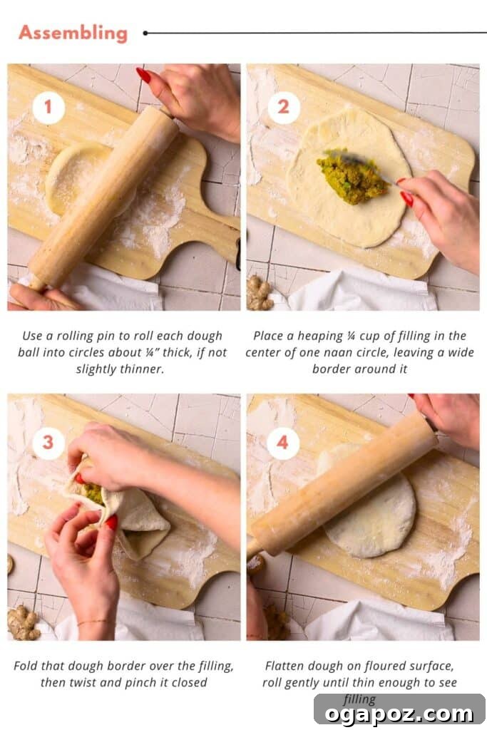 Stuffed Potato Naan 7 Dough balls are rolled into circles and filled with heaping ¼ cup filling, before folding, twisting and pinching closed. Flatten and gently roll until filling is visible through the dough.