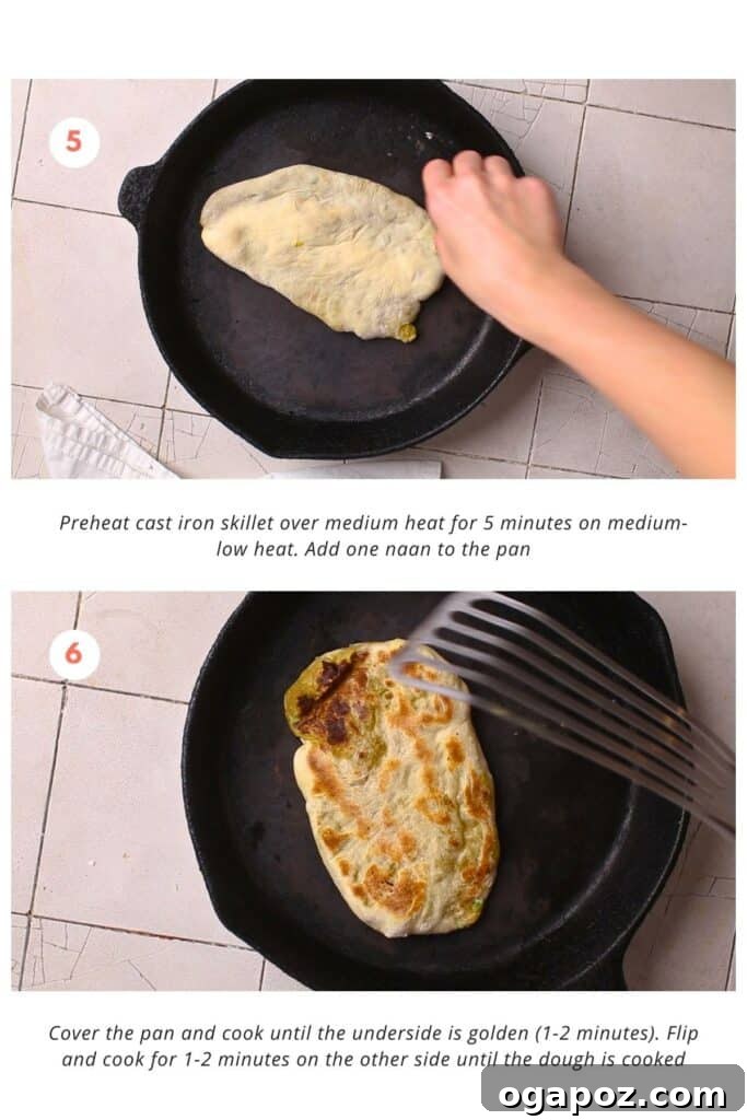Stuffed Potato Naan 8 A cast iron skillet is preheated over medium heat for 5 minutes. One naan is added and cooked until the underside is golden (1-2 minutes), then flipped and cooked for 1-2 minutes on the other side until the dough is cooked.