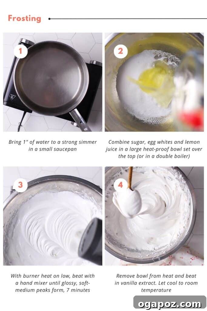 Zesty Lemon Curd Delight 11 The step-by-step process of making a 7-minute whipped frosting for the lemon curd cake, demonstrating whisking ingredients over a double boiler until soft, glossy peaks form.