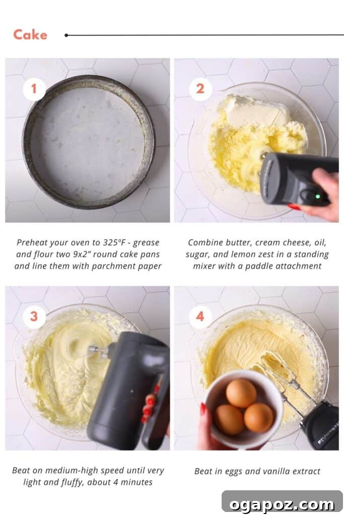 Zesty Lemon Curd Delight 7 Detailed step-by-step photos illustrating the initial stages of preparing a lemon curd cake, including pre-heating the oven, preparing cake pans, and combining wet ingredients in a mixer.