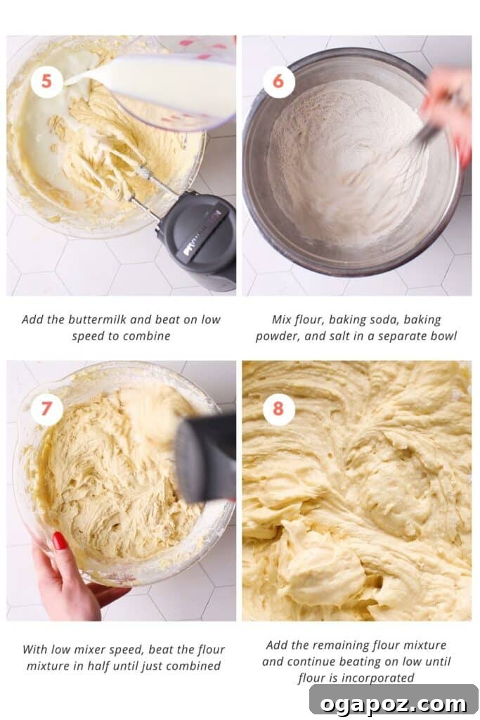 Zesty Lemon Curd Delight 8 Step-by-step photographs demonstrating the process of whisking dry ingredients together and then gradually combining them with the wet ingredients in a stand mixer to form the cake batter.