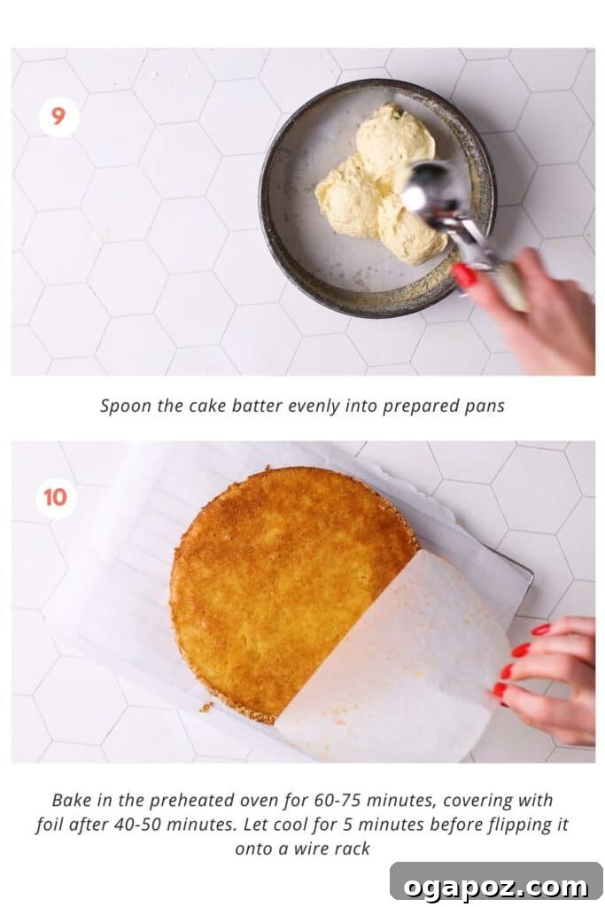 Zesty Lemon Curd Delight 9 The process of scooping moist lemon cake batter evenly into two round cake pans, preparing them for baking in a pre-heated oven.
