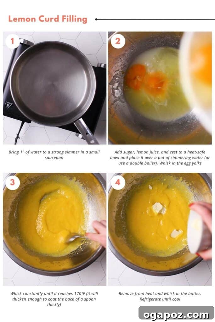 Zesty Lemon Curd Delight 10 Detailed step-by-step images showing the preparation of lemon curd filling, from combining ingredients over heat to whisking in butter and chilling for perfection.