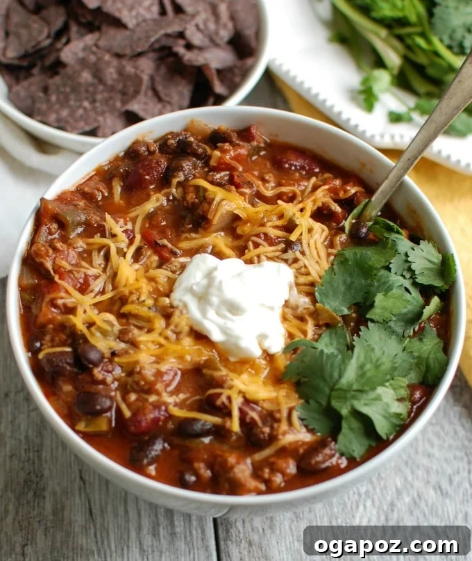 Hearty Beef and Bean Chili garnished with fresh cilantro