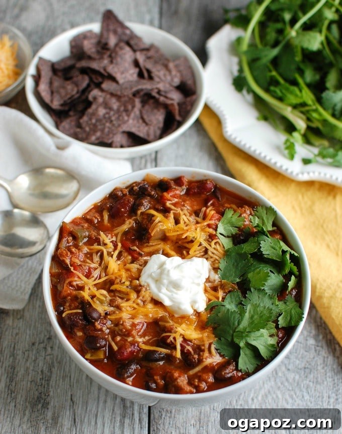 Beef Poblano Black Bean Chili garnished with fresh cilantro in a rustic setting