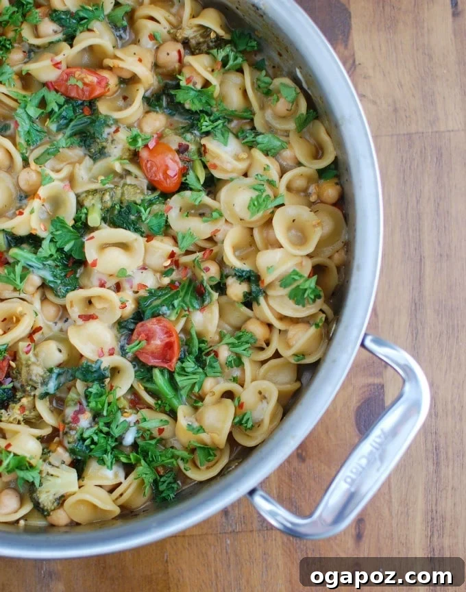 Effortless One-Pot Chickpea Kale Pasta 2 A large skillet filled with the vibrant One Pot Chickpea Kale Pasta, showcasing the orecchiette, green kale, and chickpeas, ready to be served.