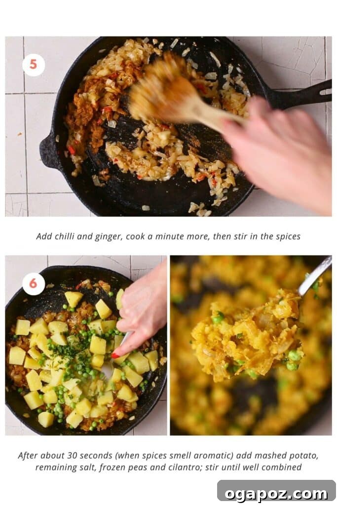Crispy Potato Masala Curry 6 The spiced mashed potatoes, peas, and cilantro are mixed together in a pan, creating the final Aloo Masala.