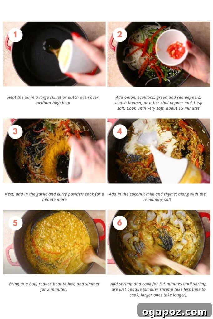Flavorful Jamaican Curry Shrimp 4 A series of step-by-step photos showing the process of cooking Jamaican Curry Shrimp, from sautéing vegetables to simmering the sauce.