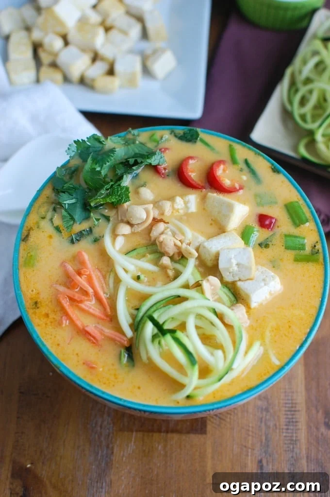 Creamy Coconut Zucchini Noodle Soup 2 Thai Coconut Zoodle Soup in Teal Bowl