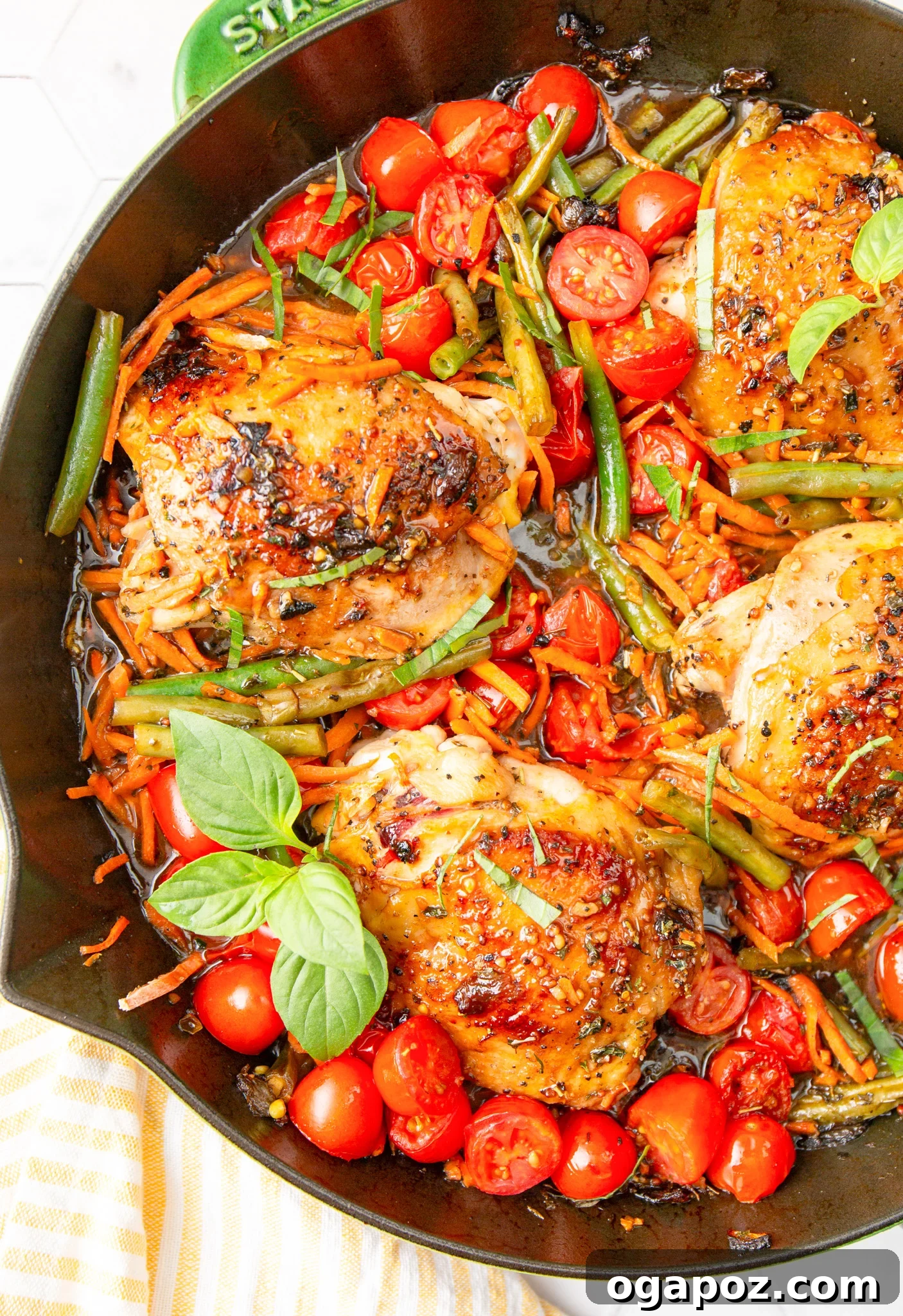 Effortless Balsamic Chicken 2 Easy Balsamic Chicken Recipe in a vibrant green skillet, ready to be served