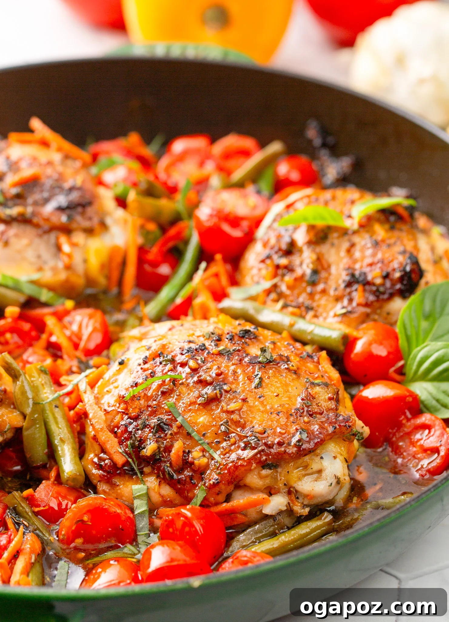 Effortless Balsamic Chicken 5 Easy Balsamic Chicken Recipe cooking in a skillet with vegetables, coated in a rich sauce