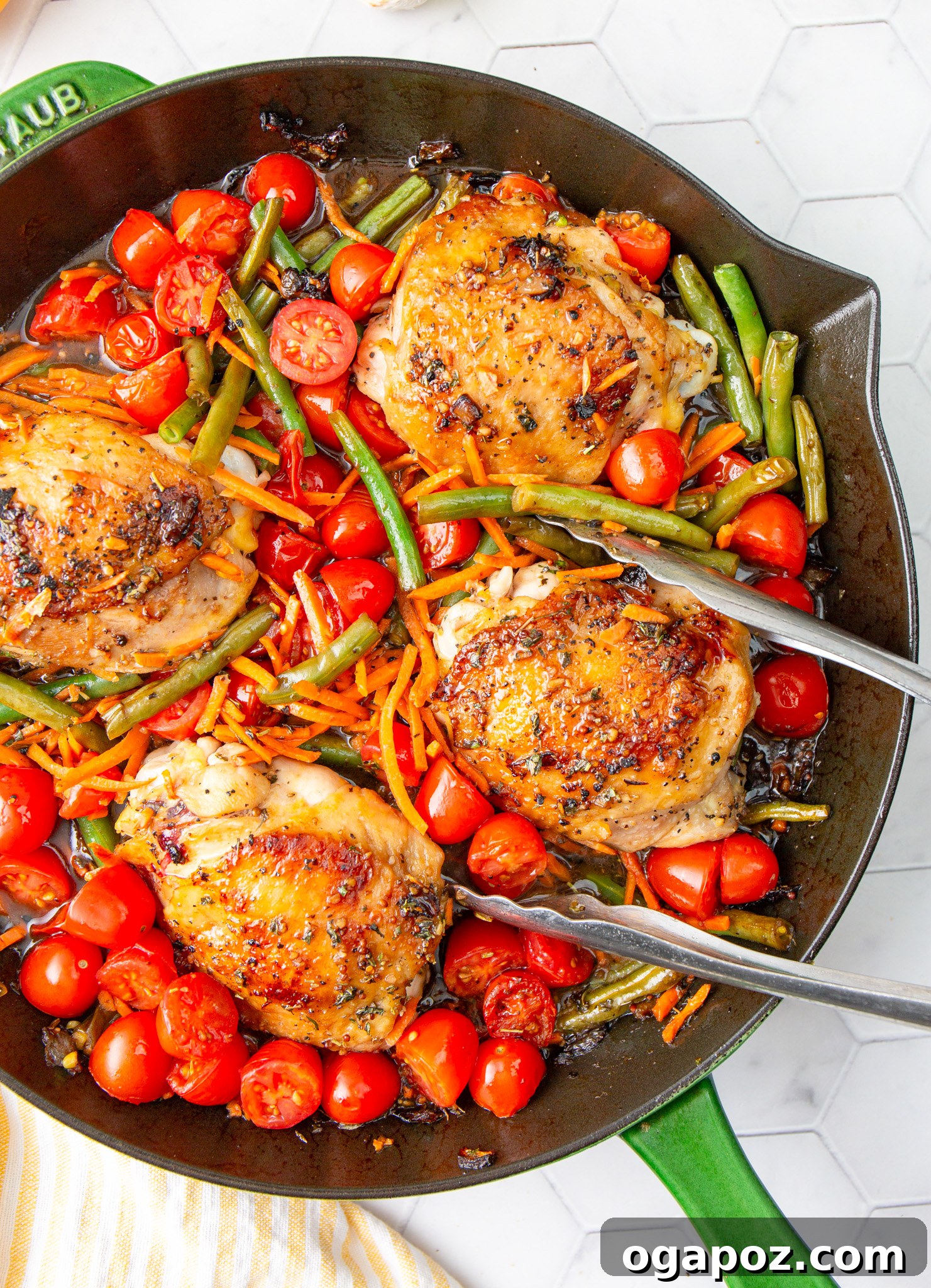 Effortless Balsamic Chicken 6 Easy Balsamic Chicken Recipe being lifted from a skillet with tongs, showcasing its golden-brown skin