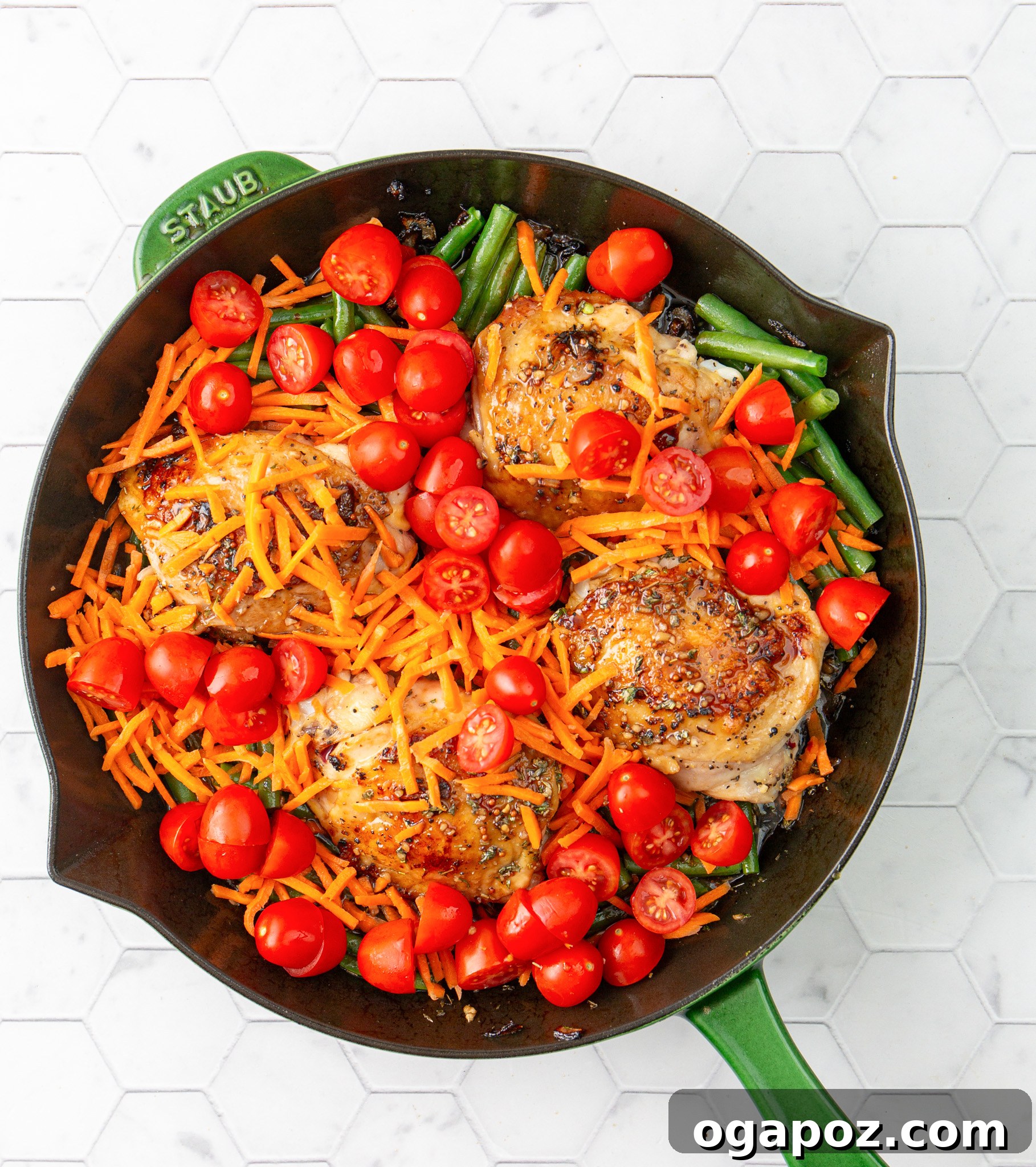 Effortless Balsamic Chicken 10 All ingredients for Easy Balsamic Chicken Recipe combined in a skillet, coated in sauce and ready for baking