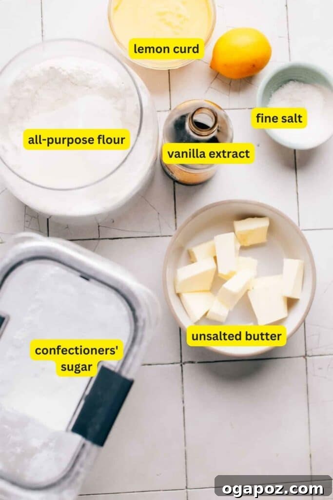 Sun-Kissed Lemon Curd Treats 3 Essential ingredients for lemon curd cookies neatly arranged on a kitchen countertop, including all-purpose flour, store-bought lemon curd, vanilla extract, softened unsalted butter, fine salt, and confectioners' sugar.