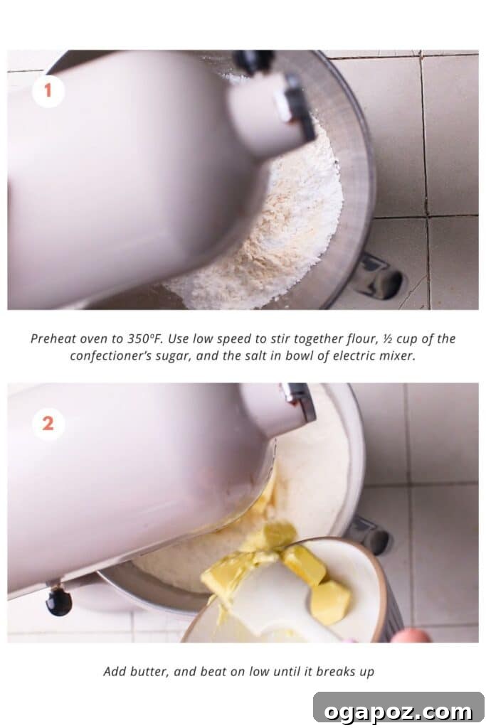 Sun-Kissed Lemon Curd Treats 5 Dry ingredients (flour, confectioners' sugar, salt) being gently stirred in an electric mixer bowl, followed by adding softened butter.