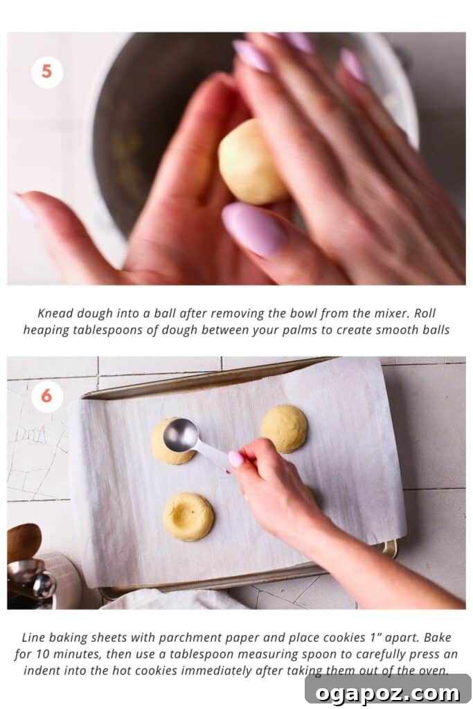 Sun-Kissed Lemon Curd Treats 6 Lemon Curd cookie dough balls are placed on parchment paper, baked to a golden hue, and then carefully indented with a spoon.