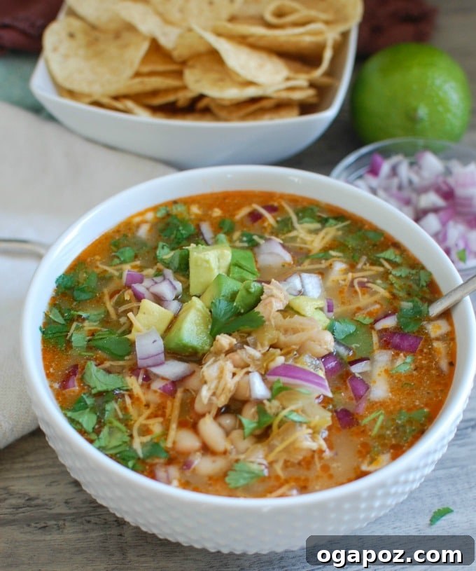 Velvety Slow Cooker White Chicken Chili 2 A steaming bowl of Slow Cooker White Chicken Chili, garnished with fresh cilantro and a dollop of sour cream.