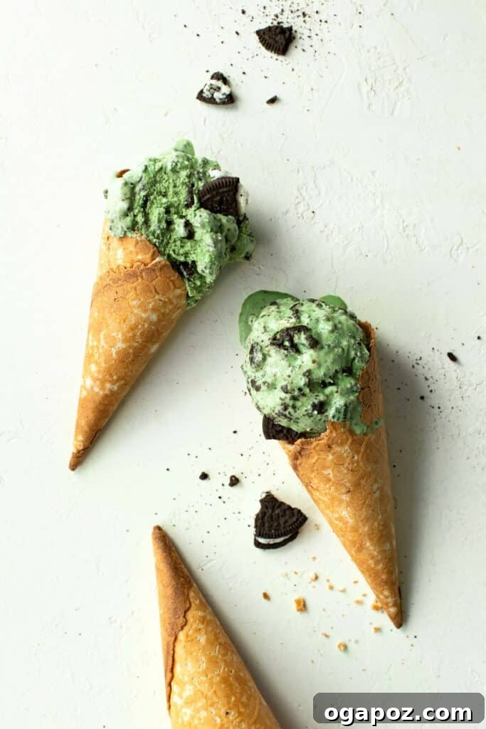Luck of the Irish: Delicious Green Desserts for St Patricks Day 14 Two cone waffles topped with fresh mint Oreo ice cream. The cones have a golden-brown color and a crisp texture, while the ice cream is creamy and indulgent, dotted with chunks of Oreo cookies, perfect for a cool green treat.