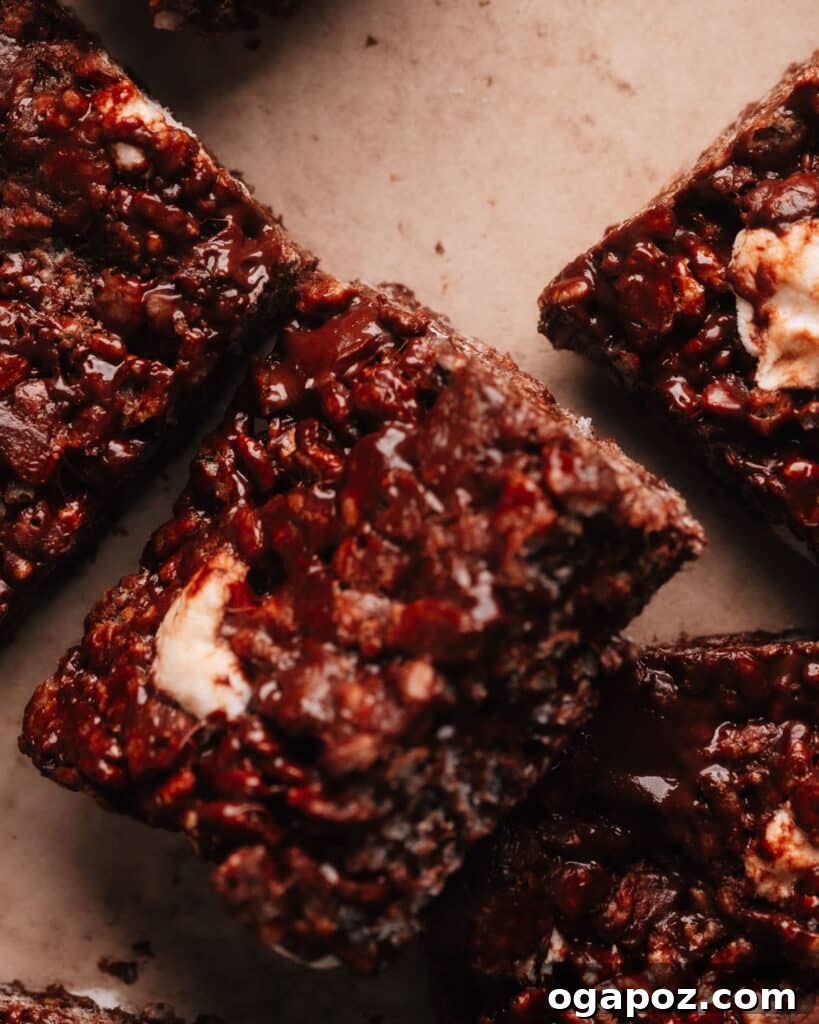 Chocolate Rice Krispie Treats cut in squares