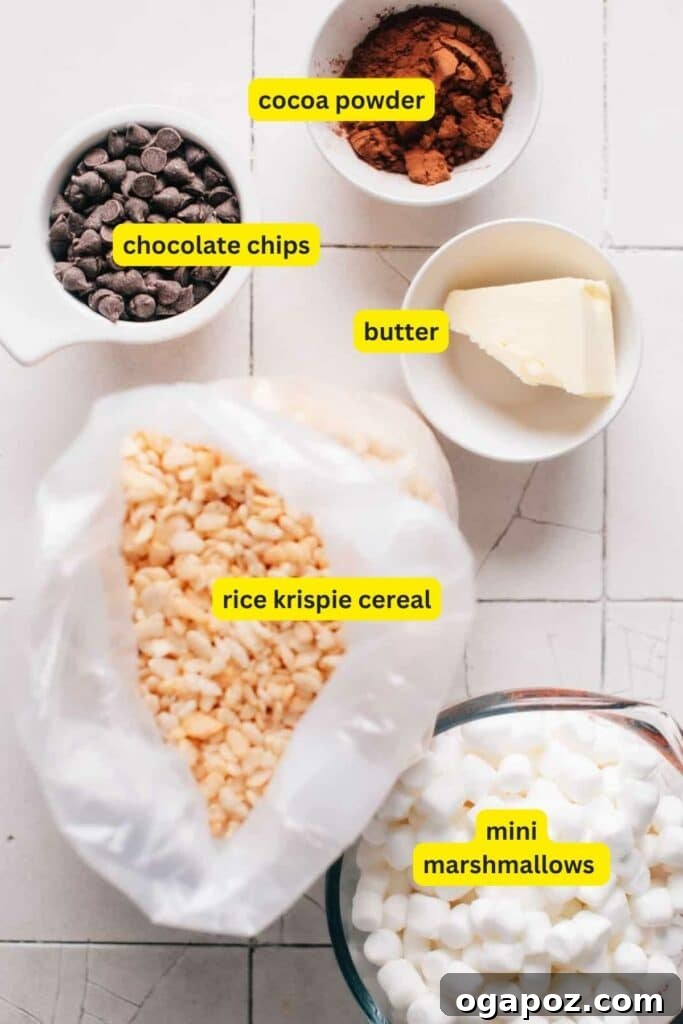 Ingredients for Chocolate Rice Krispie Treats laid out on a kitchen countertop, including, cocoa powder, chocolate chips, butter, mini marshmallows and rice krispie cereal.