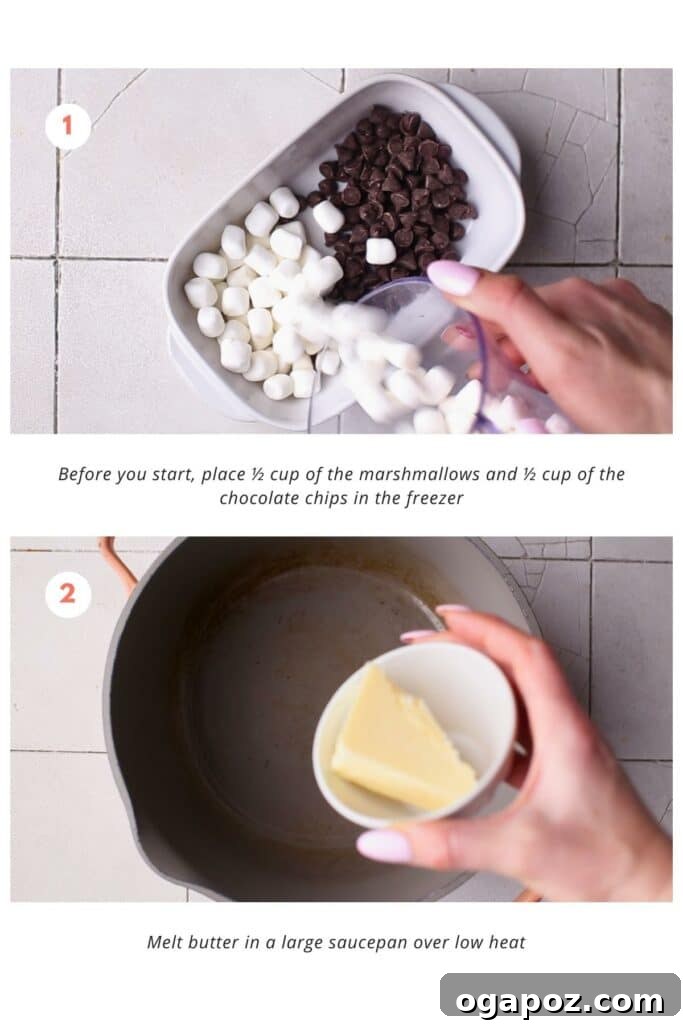 A bowl of mini marshmallows and chocolate chips is placed in the freezer. And butter is melted in a large saucepan on low heat.