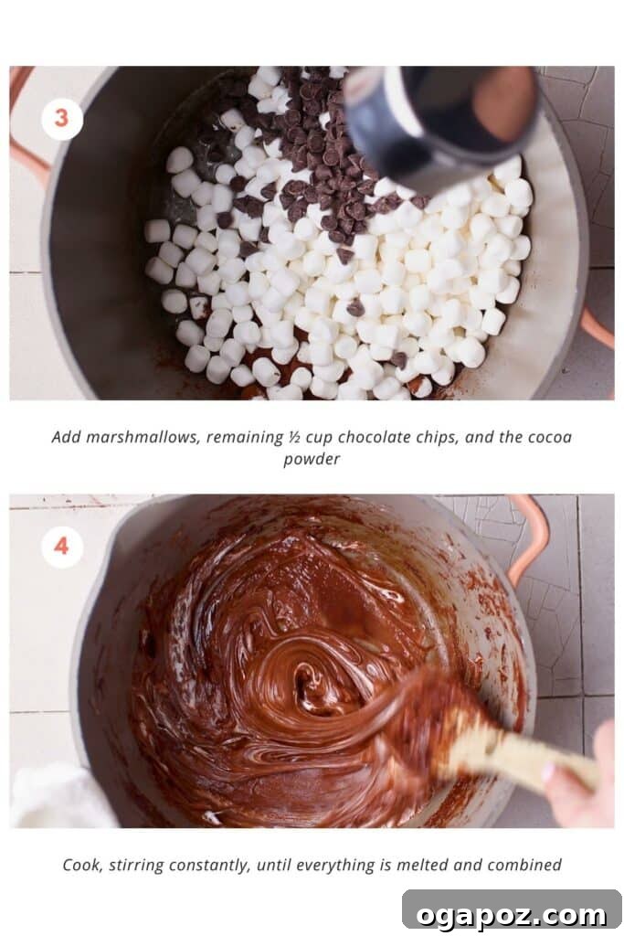 Marshmallows, cocoa powder and chocolate chips mixed together. The mixture is combined until the marshmallows and chocolate chips are melted.