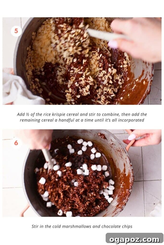 Rice krispie cereal is added and combine until it's all incorporated. Cold marshmallows and chocolate chips are stirred in the mixture.