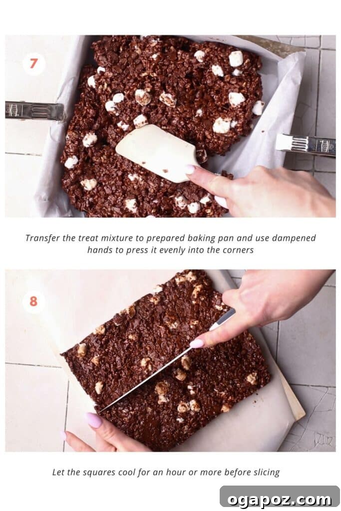 Mixture is pressed into a lined baking pan and left to cool. Then it is cut to squares.