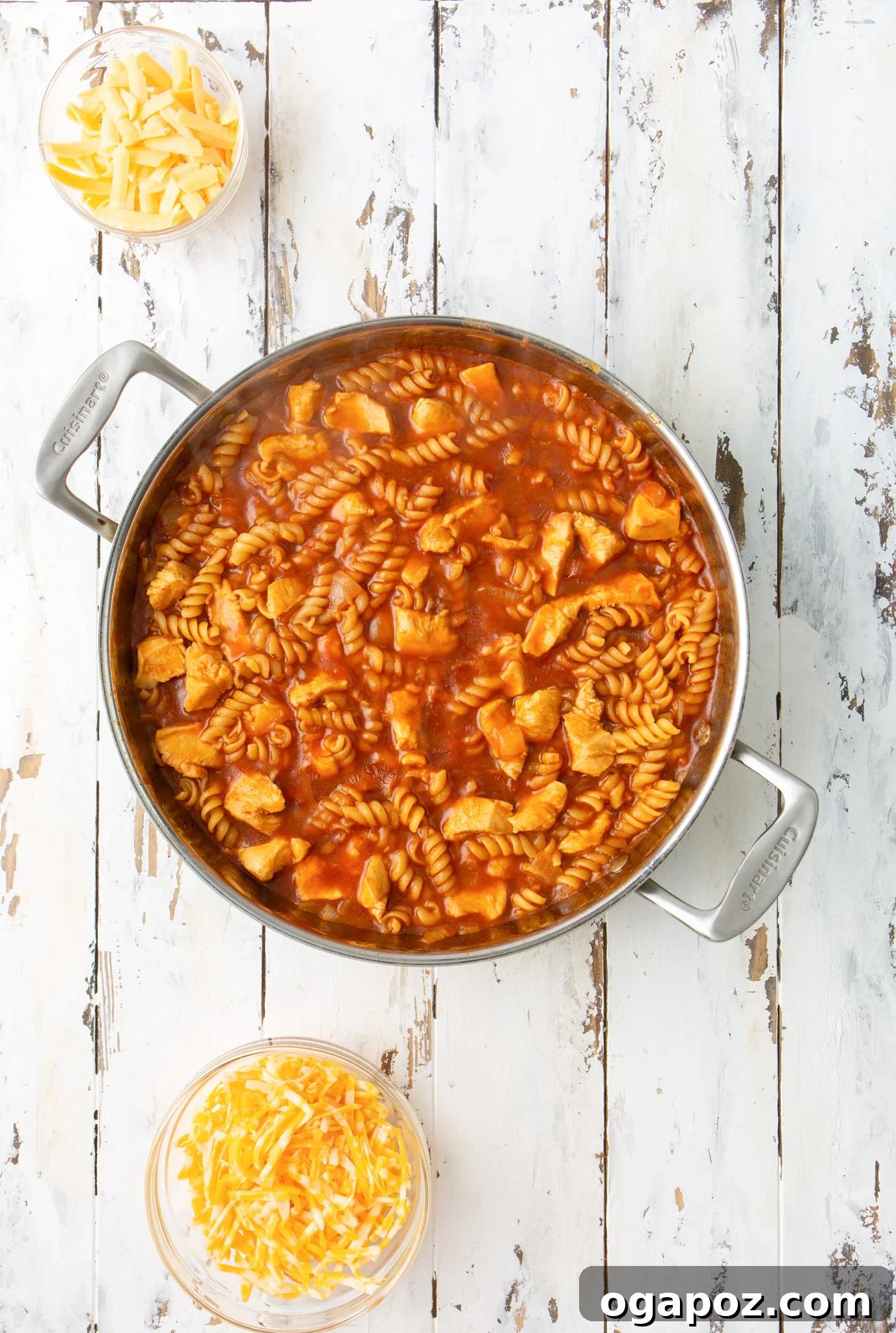 One-Pan Enchilada Chicken Pasta 6 One Pot Chicken Enchilada Pasta in a skillet