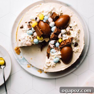 A top-down view of the beautifully decorated No-Bake Easter Egg Cheesecake.