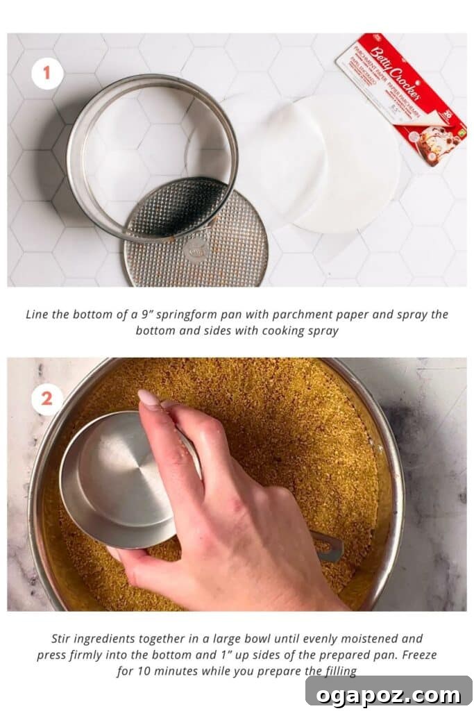 Colorful Easter Egg Cheesecake Chill 6 A step-by-step visual guide showing the process of preparing and pressing the graham cracker crust into a springform pan.