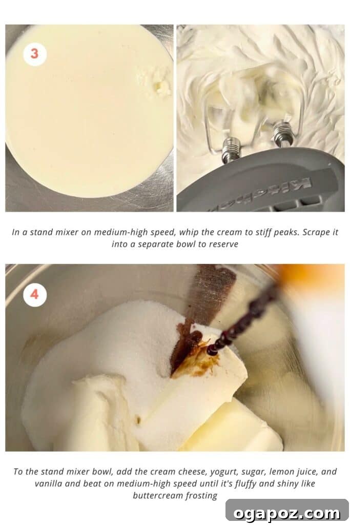 Colorful Easter Egg Cheesecake Chill 7 A step-by-step visual of preparing the creamy, fluffy cheesecake filling using a stand mixer, demonstrating the desired consistency.
