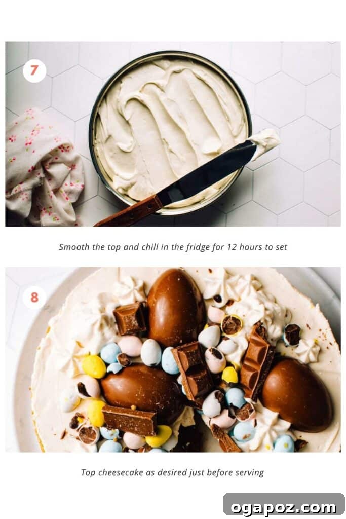 Colorful Easter Egg Cheesecake Chill 9 The stunning final presentation of the No-Bake Easter Egg Cheesecake, with its smooth surface artfully decorated with an assortment of colorful chocolate Easter eggs and a swirl of whipped cream.