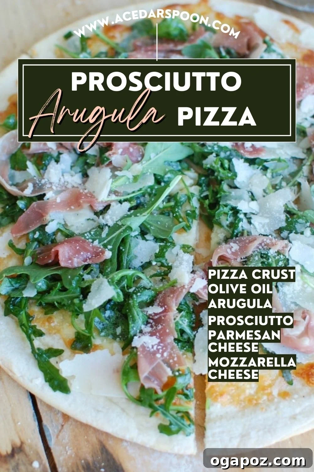 Gourmet Prosciutto Arugula Pizza 6 A final shot of Prosciutto Arugula Pizza with fresh arugula and a brand logo.