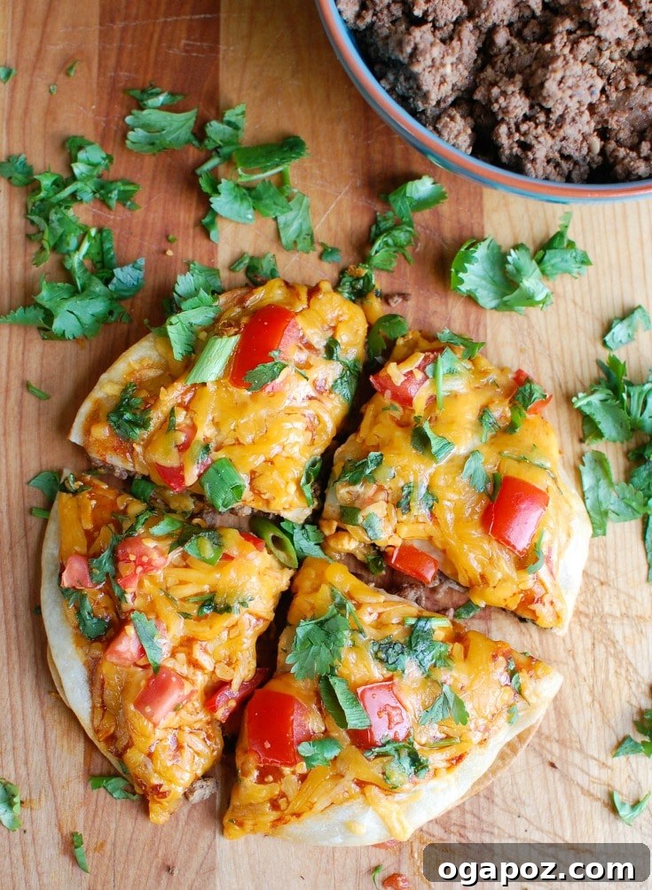 Step-by-step image of a Mexican Pizza being assembled with layers of beans, beef, cheese, and tortillas.