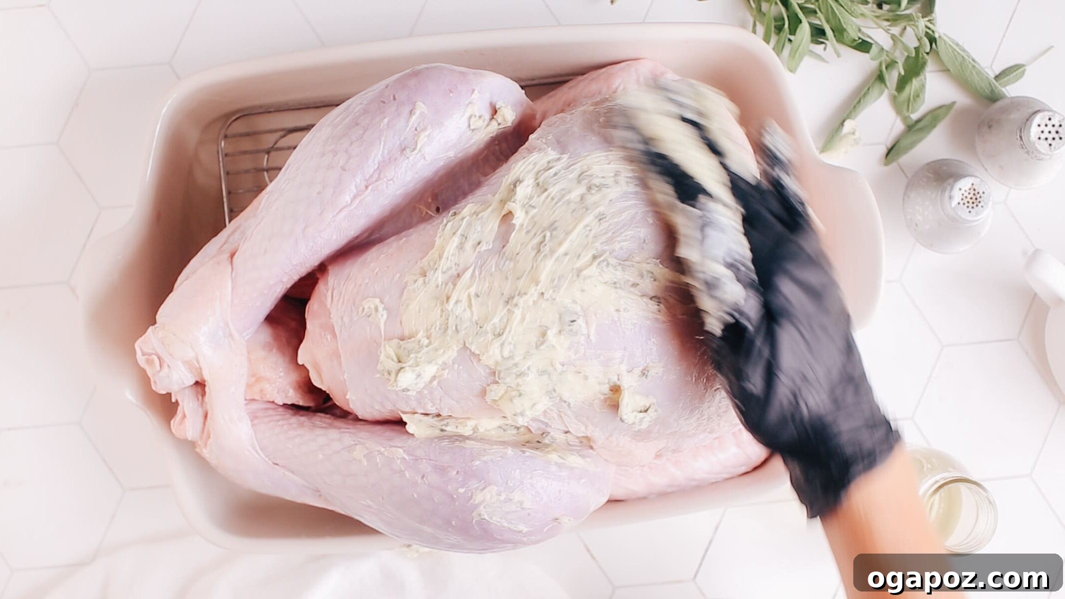 Rubbing butter on a turkey before roasting.