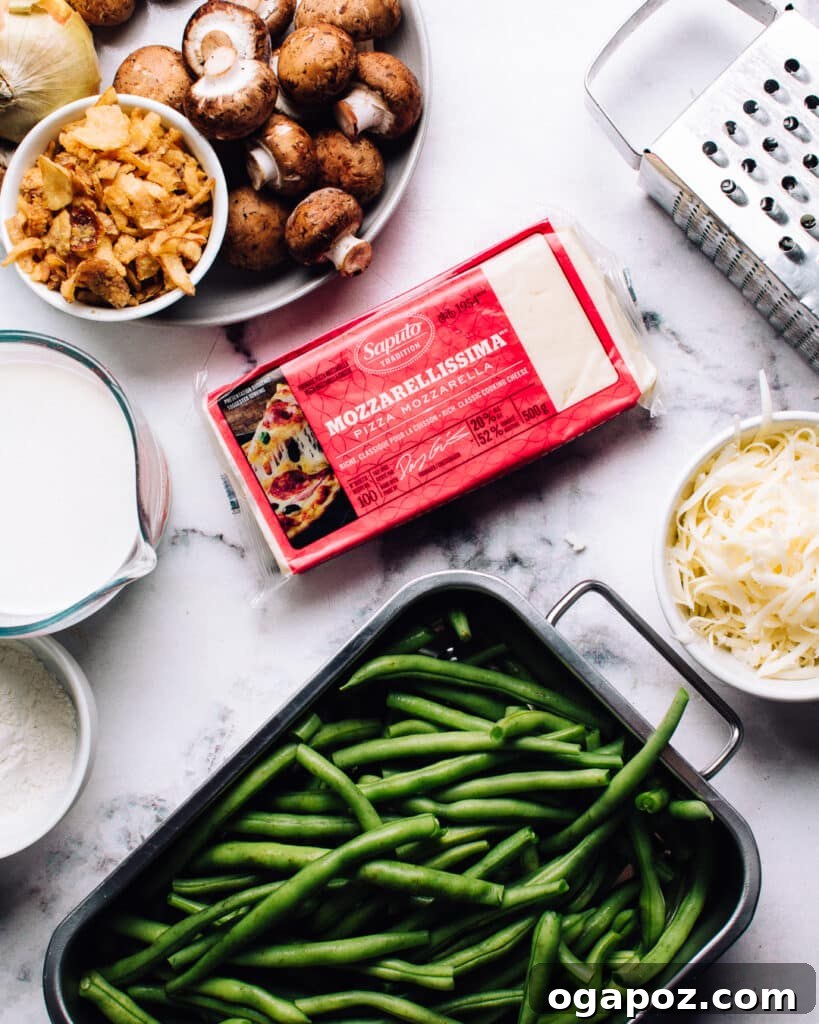 Creamy Green Bean Casserole with Golden Crispy Onions 3 A vibrant display of fresh ingredients for a homemade Green Bean Casserole, including bright green beans, whole onions, butter, milk, and flour, arranged neatly on a wooden surface.