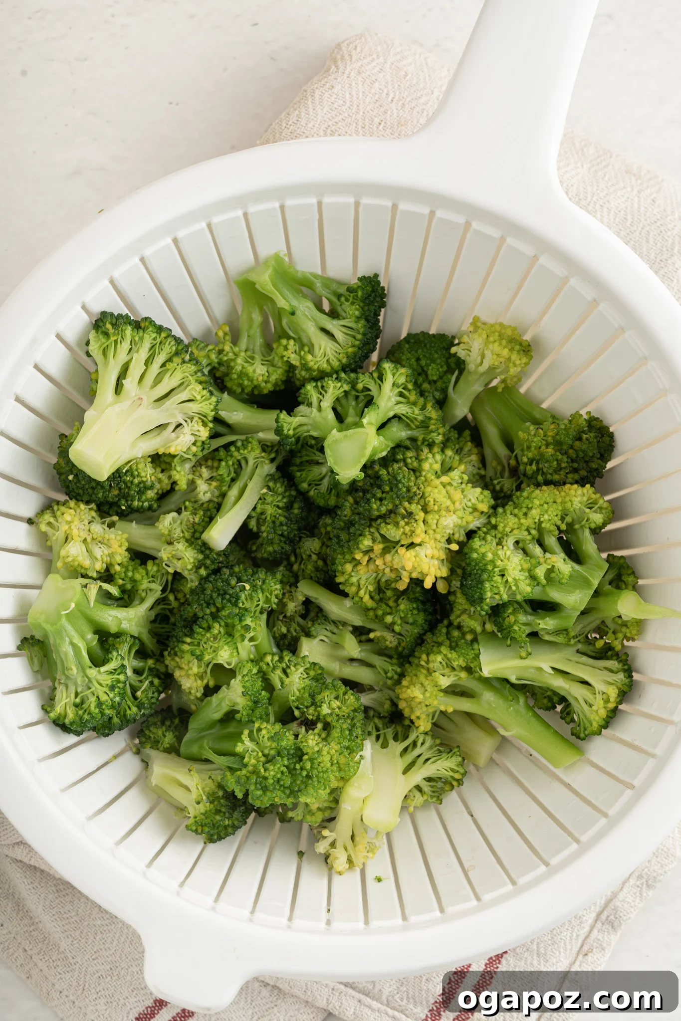 Golden Roasted Broccoli 3 Fresh broccoli florets in a strainer, ready for preparation.