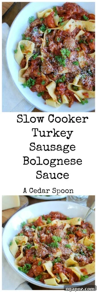 Slow-Cooked Turkey Sausage Bolognese 6 Close-up of Slow Cooker Turkey Sausage Bolognese Sauce with pasta and fresh herbs, perfect for dinner