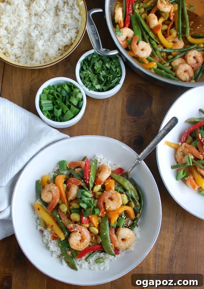 Fresh Wok-Tossed Shrimp & Edamame 5 A beautifully plated Asian Shrimp Edamame Stir-Fry, ready to be enjoyed as a healthy and satisfying dinner.