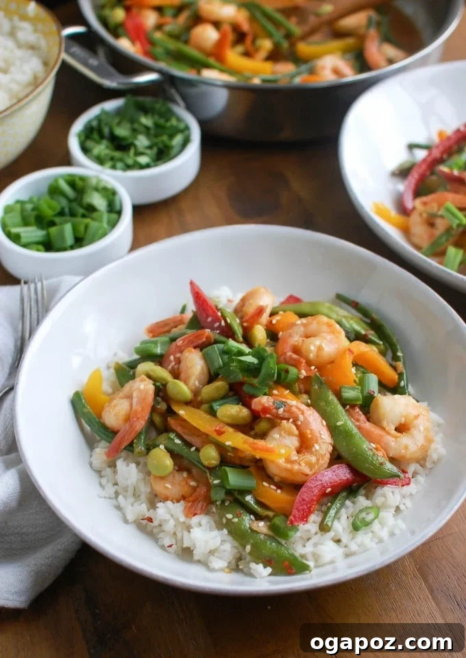 Fresh Wok-Tossed Shrimp & Edamame 6 A close-up shot of the finished Asian Shrimp Edamame Stir-Fry, highlighting its fresh ingredients and heart-healthy appeal.